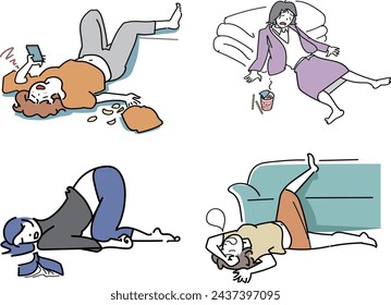 This is an illustration of a set of four women who are exhausted and exhausted.