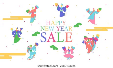 This is an illustration of a set of men enjoying shopping during the New Year.