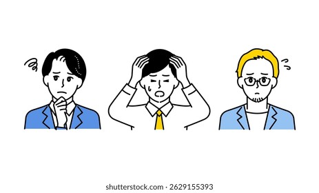 Este é um conjunto ilustrativo A de três homens de negócios expressando preocupações, confusão e ansiedade.