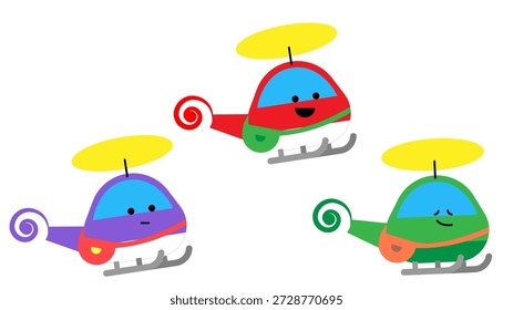 Esta es una ilustración de un conjunto de tres lindos personajes de helicóptero en diferentes colores.
