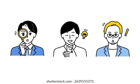 This is illustration set A of three expressive men reacting in surprise, having an idea, or researching.