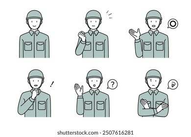 This is an illustration set of the upper body of a man in work clothes wearing a helmet in various poses.