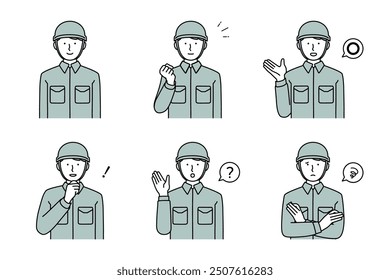 This is an illustration set of the upper body of a man in work clothes wearing a helmet in various poses.