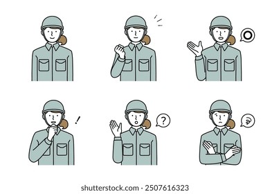 Este es un conjunto de ilustración de la parte superior del cuerpo de una mujer con ropa de trabajo que lleva un casco en varias poses.