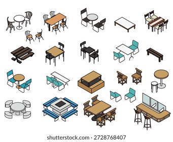This is an illustration set of various types of tables and chairs.