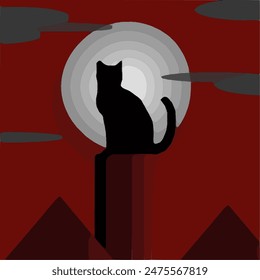 This is an illustration of the shadow of a cat on a roof looking at the moon.