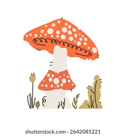 This illustration showcases an Amanita mushroom in a whimsical, handdrawn style. It features vibrant colors, with some surrounding foliage. It is simple and cute.