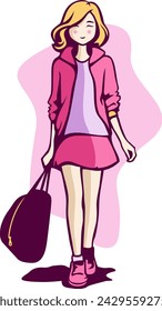 This illustration showcases a beautiful girl strolling while carrying a bag. The girl is depicted in a dynamic pose, with one foot forward as if in motion