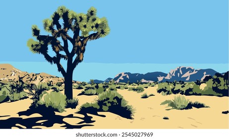 Diese Illustration zeigt die atemberaubende und ikonische Wüstenlandschaft des Joshua Tree National Park in Südkalifornien