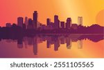 This illustration showcases the captivating skyline of Minneapolis, Minnesota, set against the backdrop of a rich, warm sunset