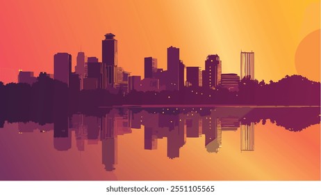 Diese Abbildung zeigt die faszinierende Skyline von Minneapolis, Minnesota, vor dem Hintergrund eines reichen, warmen Sonnenuntergangs