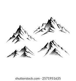 This illustration showcases a collection of simple yet elegant mountain line art designs. Each mountain features fine details that beautifully capture the essence of natural landscapes. Perfect for us