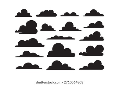 Diese Illustration zeigt eine Kollektion einfacher Wolkenformen im Cartoon-Stil in Schwarz, die sich gegen eine stark weiße Umgebung richten. Perfekt für Grafikdesign und Kunstprojekte.
