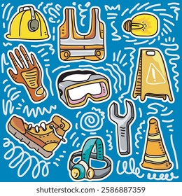 This illustration showcases a collection of work safety equipment, including a helmet, gloves, goggles, boots, and a wrench, along with a caution cone, a light bulb, and other construction-related ite