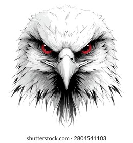 This illustration showcases a detailed eagle head with sharp features and a fierce gaze. The image features a grayscale palette with striking red eyes. The composition employs a frontal view, highlighting the eagle's powerful beak and intricate feather details. This graphic could be useful for various commercial and artistic applications.