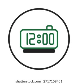 Esta ilustración muestra un reloj digital que muestra precisamente el mediodía, destacando la importancia de la puntualidad y la gestión eficaz del tiempo. Encapsulado dentro de un marco circular, el diseño es