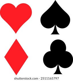 This illustration showcases the four classic card suit symbols: the red heart and diamond, and the black spade and club.