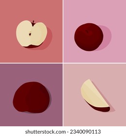 This illustration showcases four vibrant red apples, two of which are cut neatly to reveal their juicy interiors, while the other two remain whole.