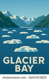 This illustration showcases Glacier Bay National Park, where massive glacial ice floats serenely in the bay, surrounded by towering snow-capped peaks
