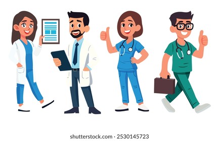 This illustration showcases a group of diverse healthcare professionals in various poses, including a doctor with a tablet, a nurse giving a thumbs up, and a doctor carrying a briefcase