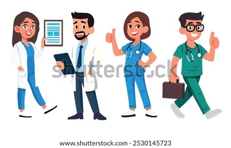 This illustration showcases a group of diverse healthcare professionals in various poses, including a doctor with a tablet, a nurse giving a thumbs up, and a doctor carrying a briefcase