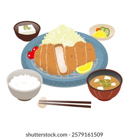 This illustration showcases a hearty Tonkatsu set meal. The crispy, deep-fried pork cutlet has a juicy interior and is served with shredded cabbage, tomato, and a lemon slice. The set includes rice, m