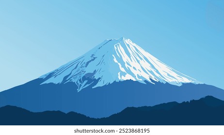 Esta ilustração mostra o icônico Monte Fuji. As linhas limpas e a paleta de cores frias enfatizam a simetria entre a montanha e o céu