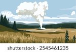 This illustration showcases the iconic Old Faithful Geyser located in Yellowstone National Park, Wyoming. Known for its regular eruptions, Old Faithful is one of the most popular natural attractions