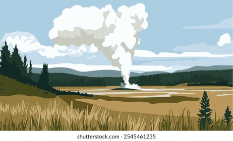 This illustration showcases the iconic Old Faithful Geyser located in Yellowstone National Park, Wyoming. Known for its regular eruptions, Old Faithful is one of the most popular natural attractions