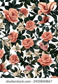 Diese Illustration zeigt eine luxuriöse Auswahl an blühenden Rosen und Lilien in Rosa und Cremes, verwoben mit üppigem grünem Laub, die Essenz eines klassischen Blumenmusters einfangen.
