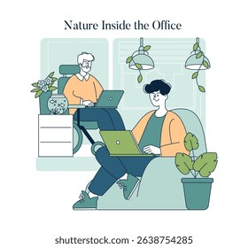 This illustration showcases a modern office environment that integrates nature, featuring two individuals working on laptops amid plants. It highlights the importance of greenery for productivity and