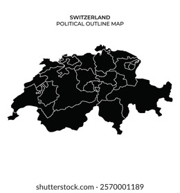 This illustration showcases the outline of Switzerland, highlighting its political divisions. The map emphasizes various regions and borders clearly without geographical details.