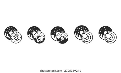 Esta ilustración muestra un conjunto de rosquillas y rosquillas presentadas sobre un fondo blanco. Las Imágenes utilizan una paleta monocromática, con líneas y formas simples. Son adecuados para varios proyectos de diseño, incluidos blogs, Sitios web y materiales de marketing relacionados con la alimentación. El estilo limpio es adaptable para diversos propósitos comerciales y editoriales.