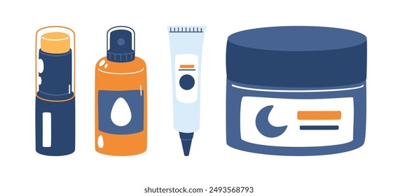 Esta ilustración muestra un conjunto de productos para el cuidado de la piel para una rutina nocturna, incluyendo una crema, suero y crema hidratante, todos esenciales para una tez sana y radiante.