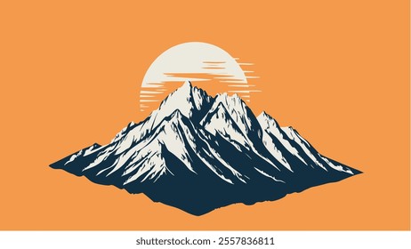 This illustration showcases the Sierra Nevada mountain range in a bold and graphic style. The mountains, with their snow-capped peaks, stand against an intense orange sunset sky.