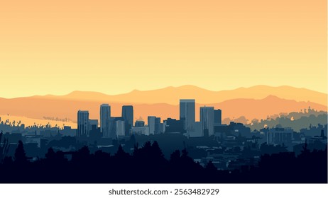 This illustration showcases the skyline of San Jose, California, with the towering buildings set against a soft sunset backdrop. 