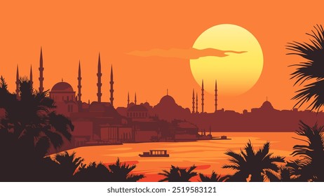 Esta ilustração mostra uma vista deslumbrante de Istambul, Turquia, enquanto o sol se põe por trás de seu horizonte icônico