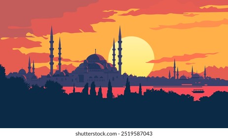 This illustration showcases a stunning view of Istanbul, Turkey, as the sun sets behind its iconic skyline.