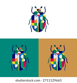 Esta ilustración muestra un escarabajo estilizado, representado en un estilo geométrico con una vibrante paleta de colores. El diseño del insecto se presenta en tres diferentes fondos de color sólido. Esta obra de arte utiliza líneas limpias y Formas audaces, adecuadas para varios proyectos de diseño y aplicaciones comerciales. La composición enfatiza la simplicidad y el impacto visual, por lo que es ideal para el diseño digital.