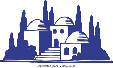 This illustration showcases a stylized and minimalist depiction of a historic village, rendered entirely in deep blue against a white background.