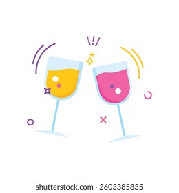 This illustration showcases two clinking glasses, symbolizing celebration, toasting, and joy.
