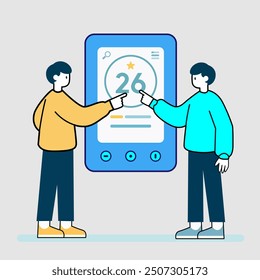 This illustration showcases two people interacting with a large touchscreen device. The figures are stylized with minimalistic and flat design, dressed in simple clothing with contrasting colors