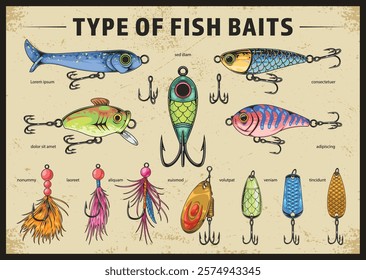 This illustration showcases a variety of fish baits used by anglers. It features several types including lures jigs and soft baits each designed for specific fishing techniques.