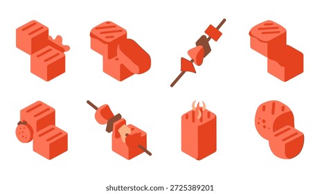 Diese Abbildung zeigt verschiedene isometrische Darstellungen von Grillspeisen und Spießen. Die Bilder zeigen eine warme Farbpalette mit Orange- und Brauntönen. Sie sind auf einem sauberen weißen Hintergrund mit einem modernen, flachen Design-Stil präsentiert. Geeignet für vielfältige redaktionelle und kommerzielle Anwendungen.