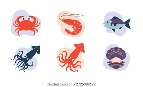 Diese Abbildung zeigt verschiedene Meeresfrüchte, darunter Krabben, Garnelen, Fische, Tintenfische und Austern. Jedes Element wird in einem flachen Designstil mit weichen Farben und minimalistischen Details auf weißem Hintergrund gerendert. Geeignet für kulinarische Projekte, Unterrichtsmaterialien und Gestaltungsgegenstände.