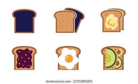 Esta ilustração mostra várias fatias de brinde, cada uma adornada com uma cobertura diferente, apresentadas em um design limpo e plano. A composição apresenta uma paleta de cores neutras, destacando os itens de alimentos. É adequado para uso em projetos relacionados à culinária, blogs gastronômicos ou conteúdo editorial focado em café da manhã ou lanches.