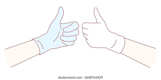 This is an illustration showcasing a thumbs up gesture with one hand wearing a blue glove and the other wearing white