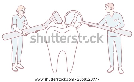 This is an illustration showing dental professionals carefully examining a tooth with their specialized tools