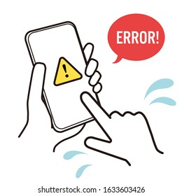 This is an illustration showing how you panic when you look at the smartphone with an error indication. Vector image.