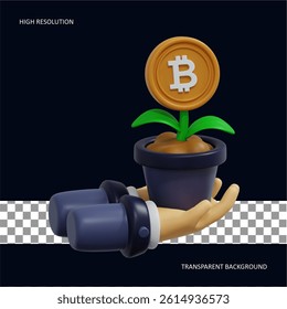 This is an illustration showing a plant sprouting from a digital currency symbol, suggesting growth and investment, perfect for financial or tech-related designs.